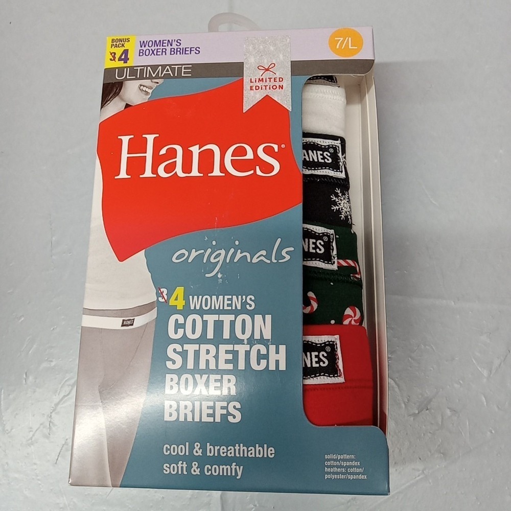 Hanes Boxer Brief Panties Women's 7/L Cotton Stretch 4 Pack Christmas U045V4